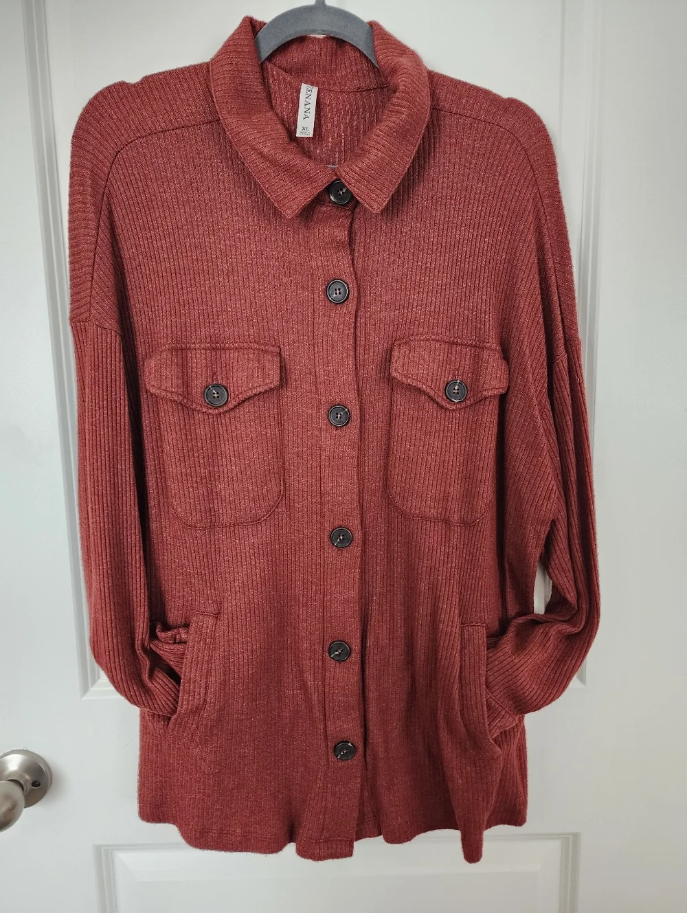 Zenana Ribbed Button-Up Shacket in Rust Size XL. - Picture 5 of 9